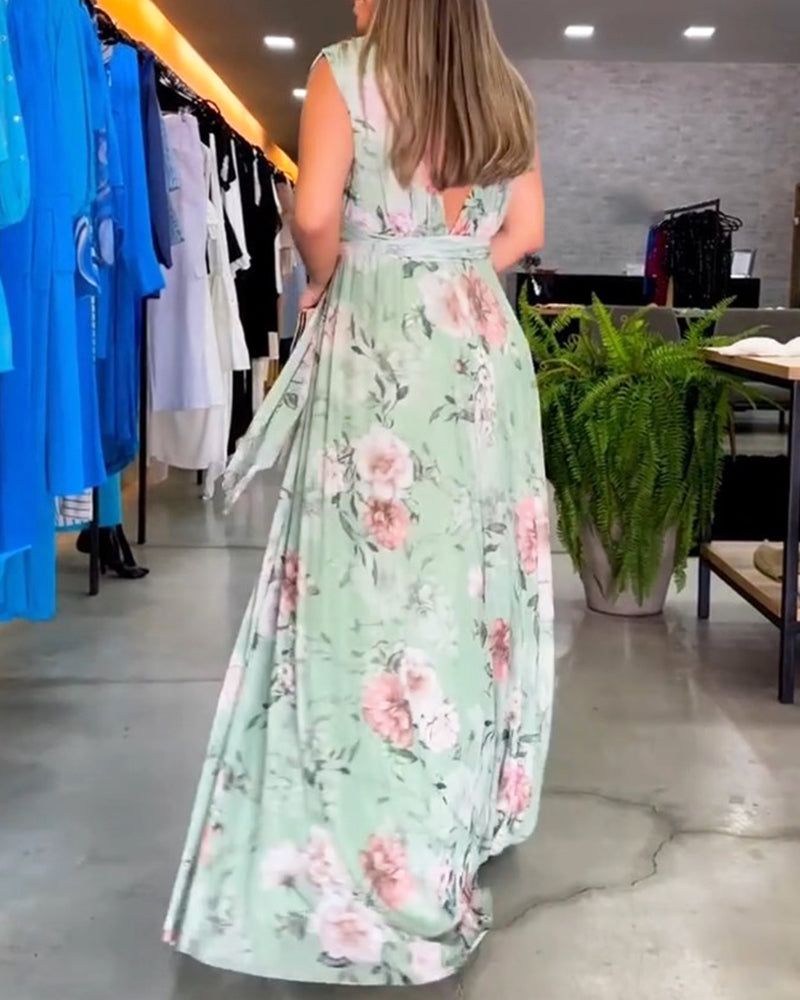 Gia | Long Floral Sleeveless Dress with Slit