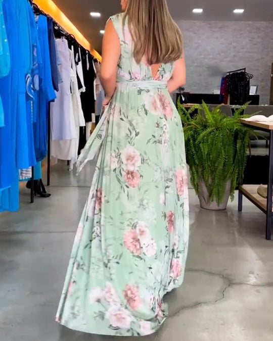Gia | Long Floral Sleeveless Dress with Slit