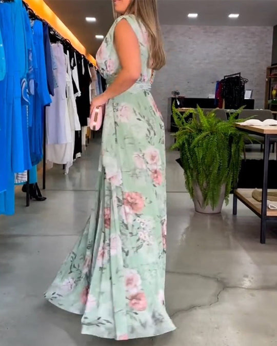 Gia | Long Floral Sleeveless Dress with Slit