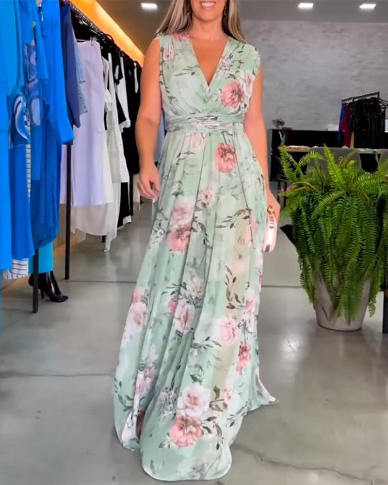 Gia | Long Floral Sleeveless Dress with Slit