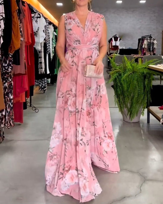 Gia | Long Floral Sleeveless Dress with Slit