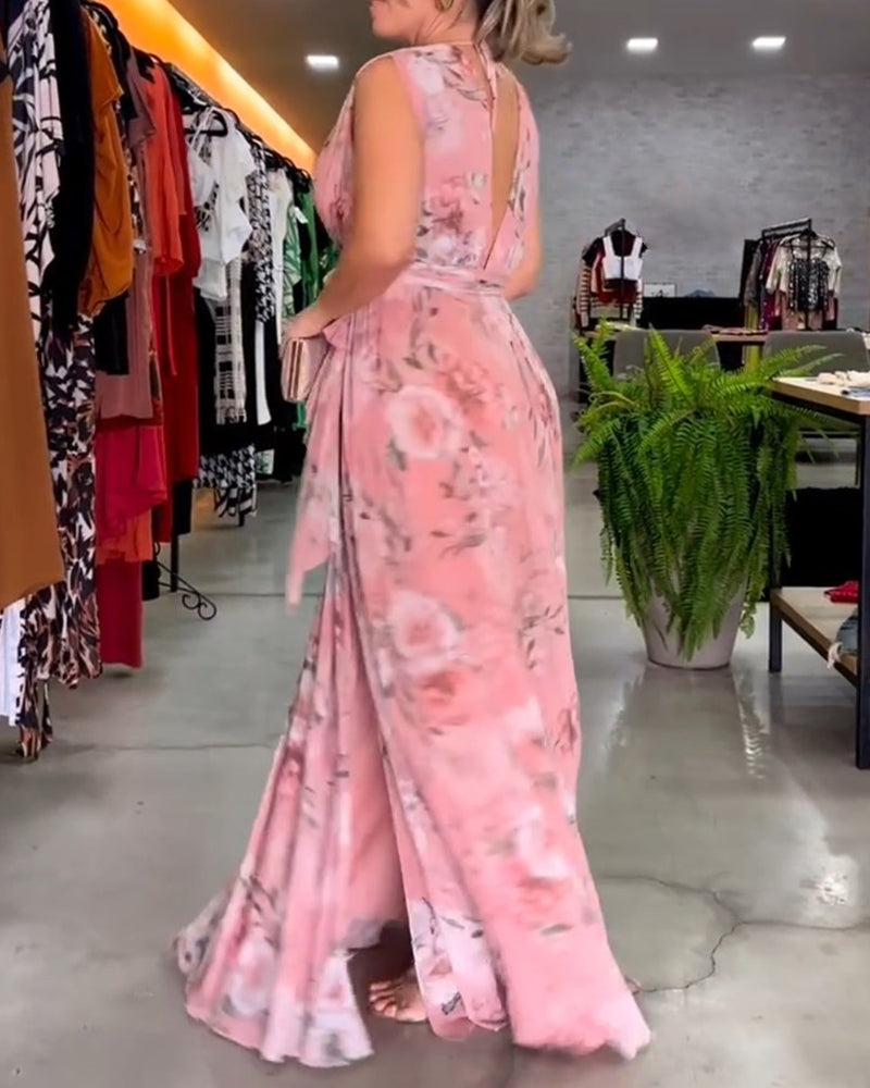 Gia | Long Floral Sleeveless Dress with Slit