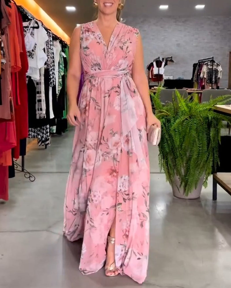 Gia | Long Floral Sleeveless Dress with Slit