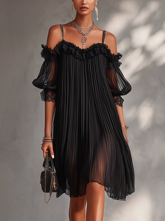 Vittoria | Black Off-Shoulder Muslin Mini Dress with Lace Trim