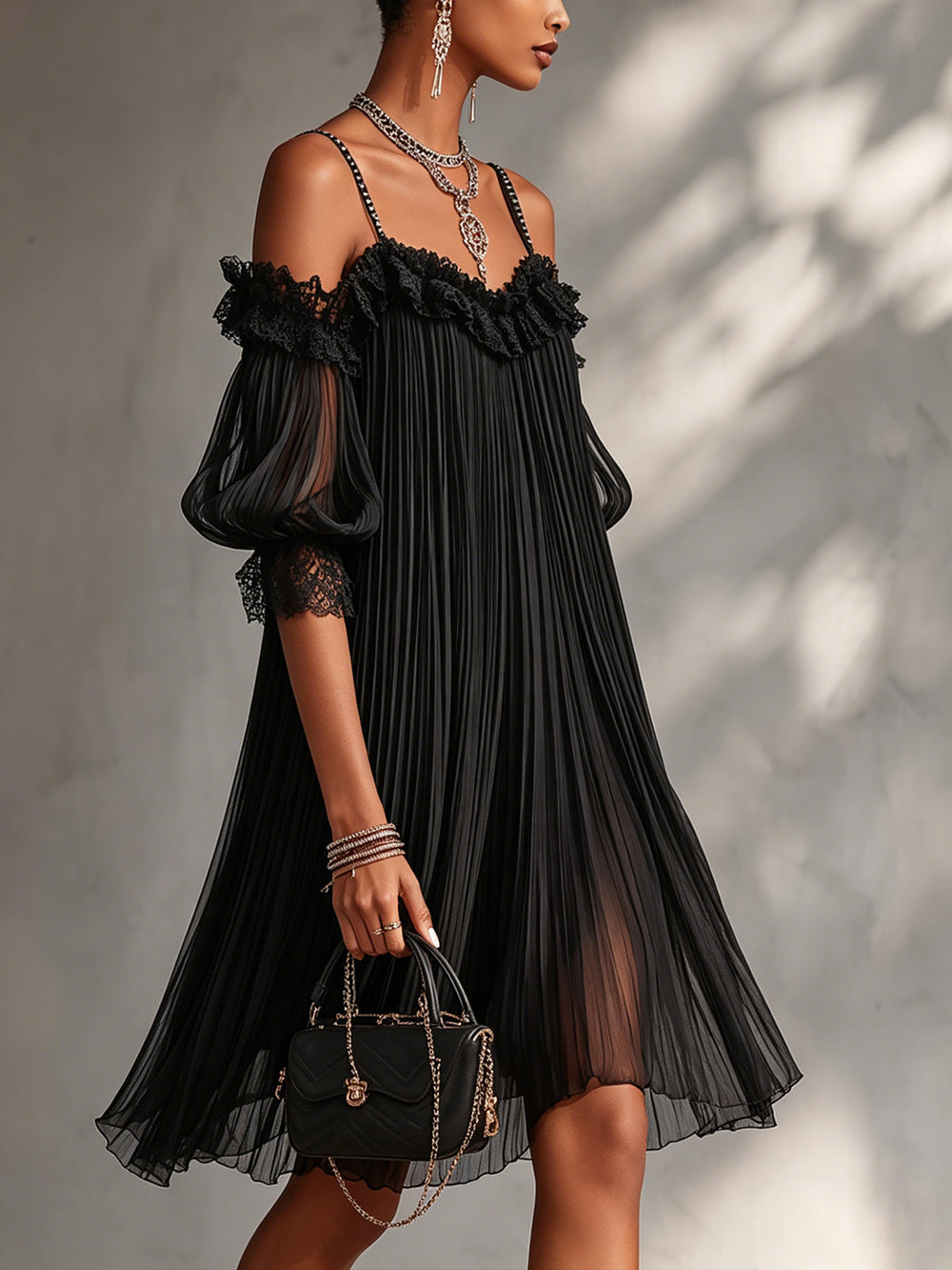 Vittoria | Black Off-Shoulder Muslin Mini Dress with Lace Trim
