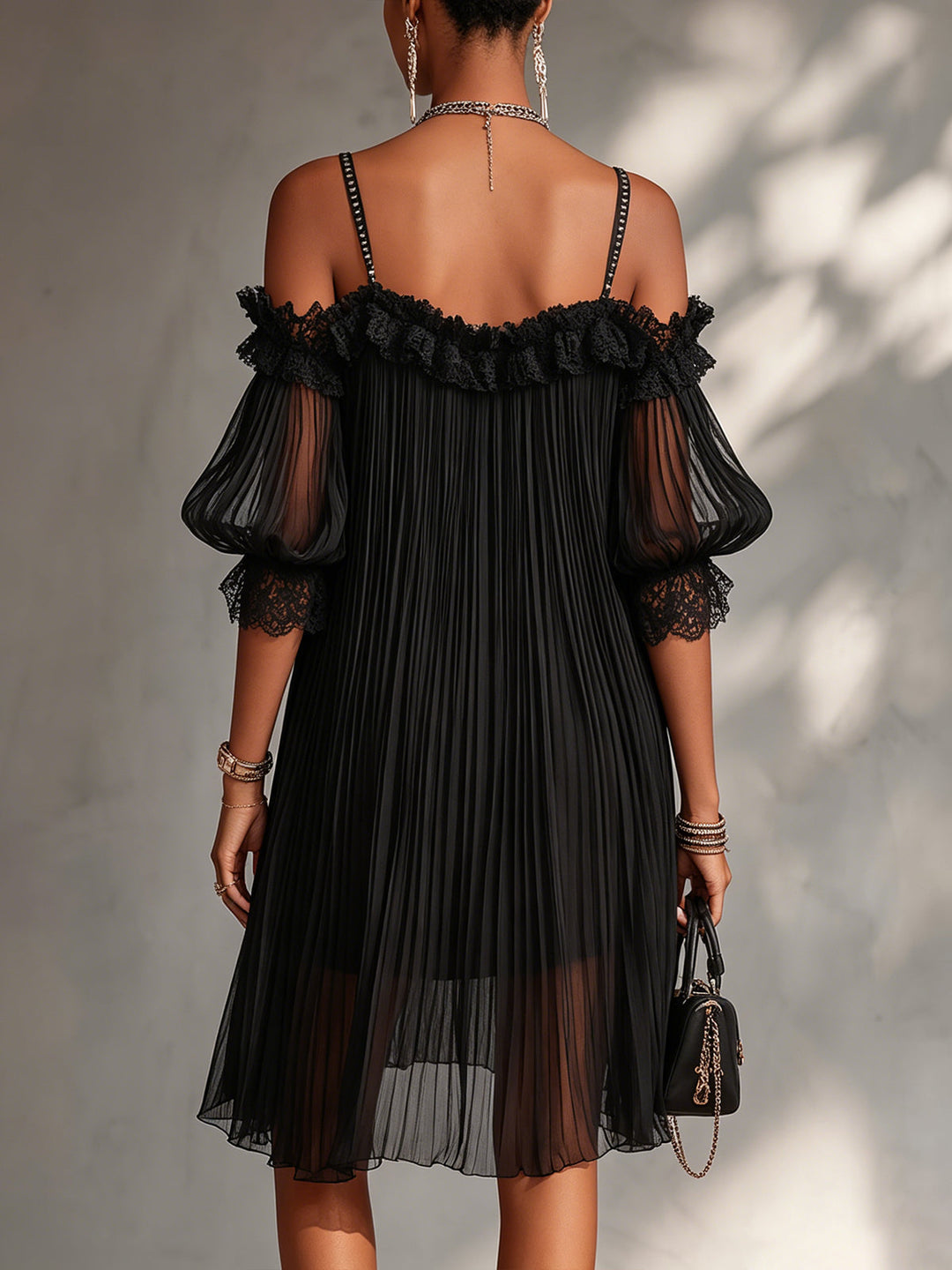Vittoria | Black Off-Shoulder Muslin Mini Dress with Lace Trim