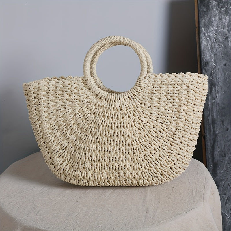 Ottavia | Woven Straw Crescent Bag - Natural Beige