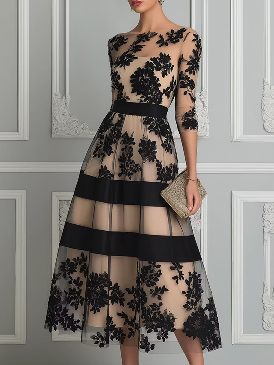 Elegant Black Lace Midi A-Line Dress