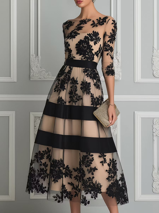 Elegant Black Lace Midi A-Line Dress