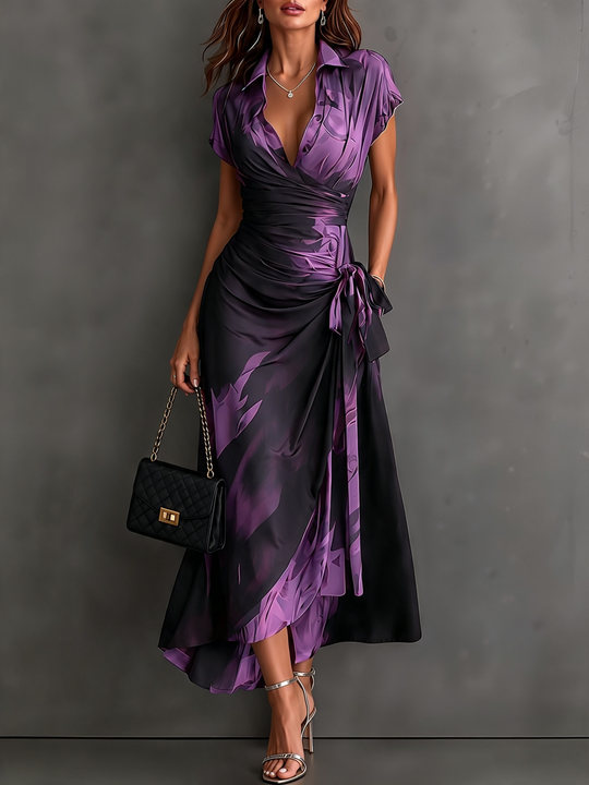 Red and Black Abstract Print Midi Wrap Dress, V-Neck Collar, Short Sleeves, Tie Waist, Asymmetrical Hem with Ruffles