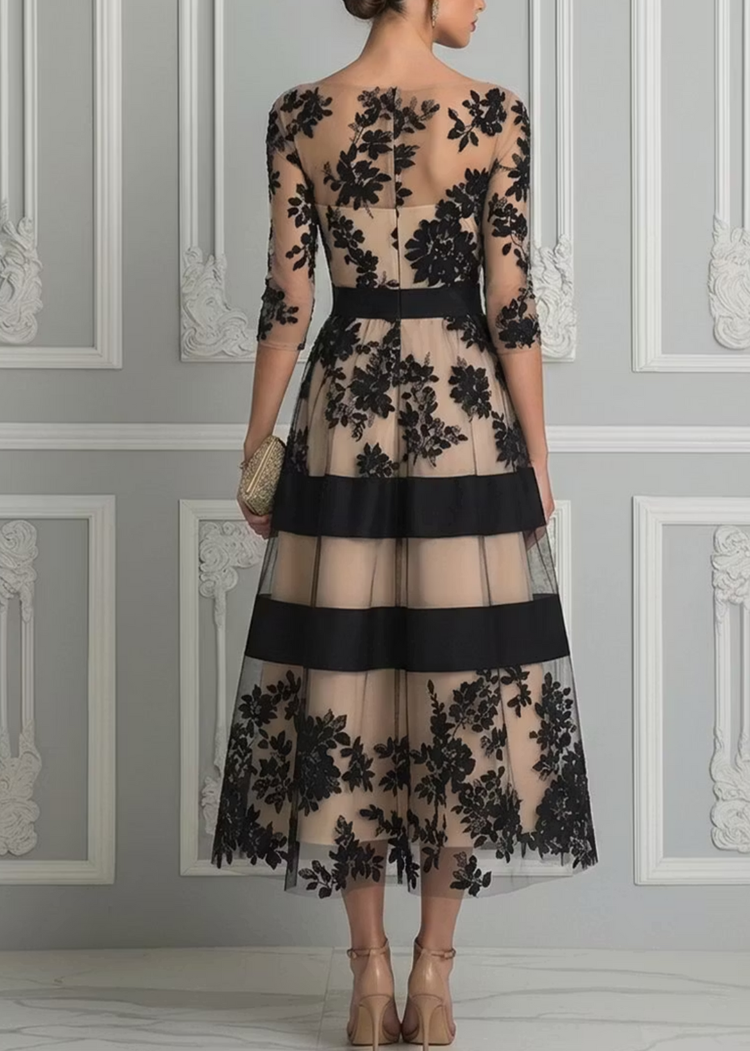 Elegant Black Lace Midi A-Line Dress