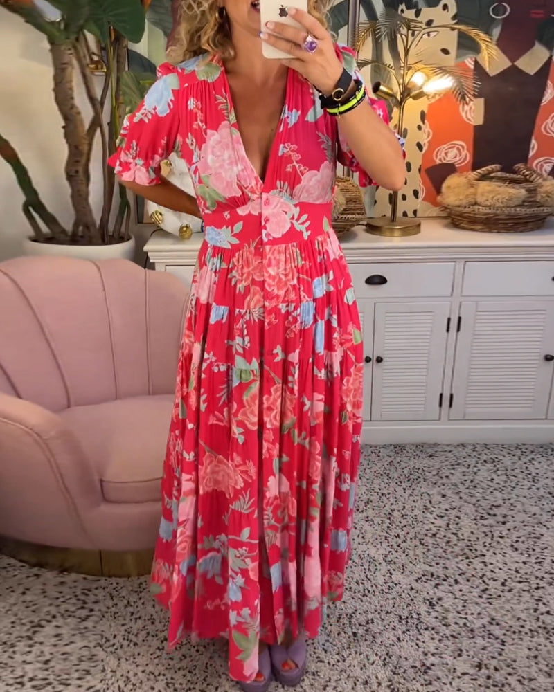 Mirabelle | Maxi Floral Dress with Deep V-Neck and Flared Skirt