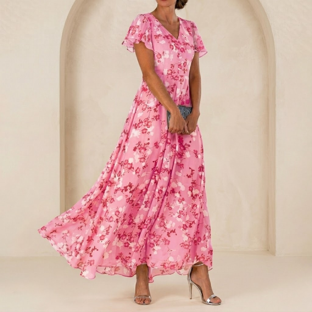 Léonie | Maxi Fluid Dress with Wrap Collar and Sheer Sleeves