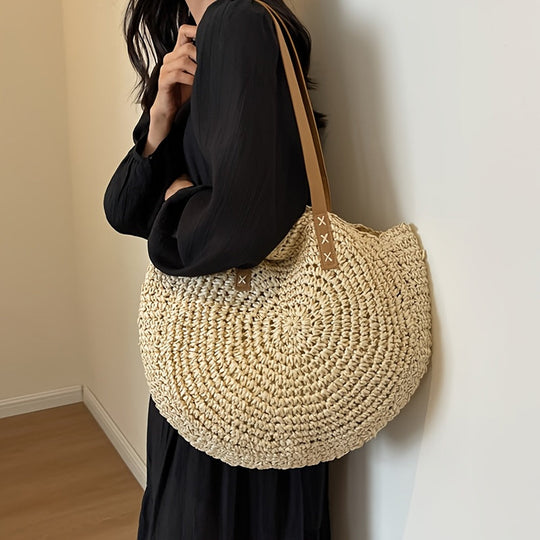 Lisa | Round Woven Straw Bag - Beige