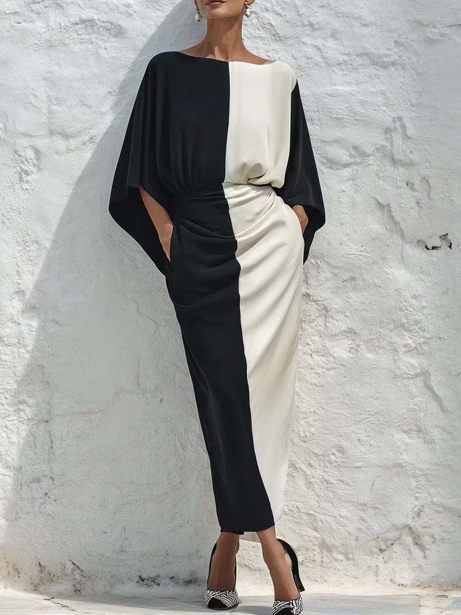 Two-piece set with top and midi skirt in contrasting black and white colors