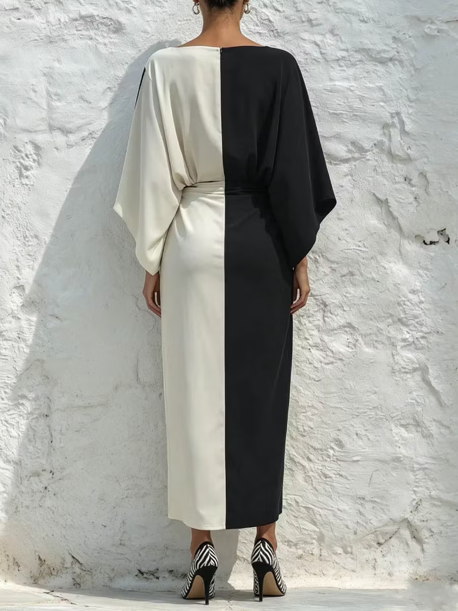 Two-piece set with top and midi skirt in contrasting black and white colors