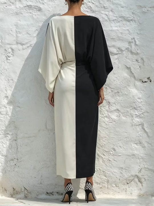 Two-piece set with top and midi skirt in contrasting black and white colors