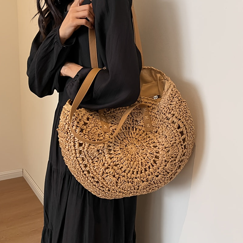 Lola | Patterned Round Woven Straw Bag - Cognac