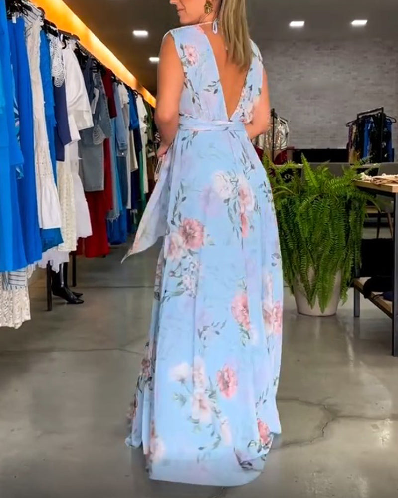 Gia | Long Floral Sleeveless Dress with Slit