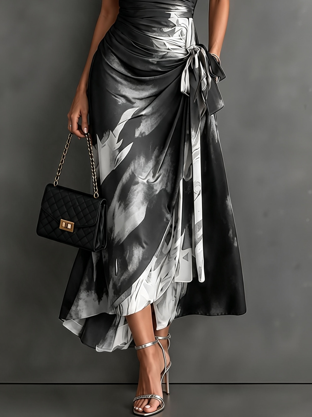 Red and Black Abstract Print Midi Wrap Dress, V-Neck Collar, Short Sleeves, Tie Waist, Asymmetrical Hem with Ruffles