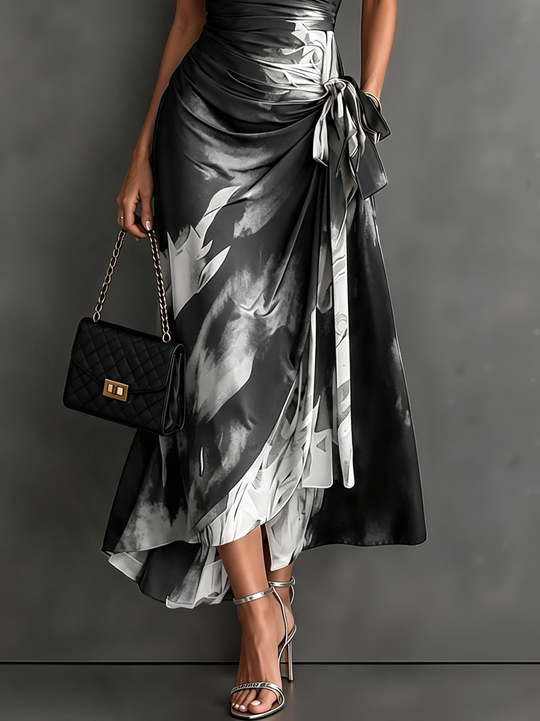 Red and Black Abstract Print Midi Wrap Dress, V-Neck Collar, Short Sleeves, Tie Waist, Asymmetrical Hem with Ruffles