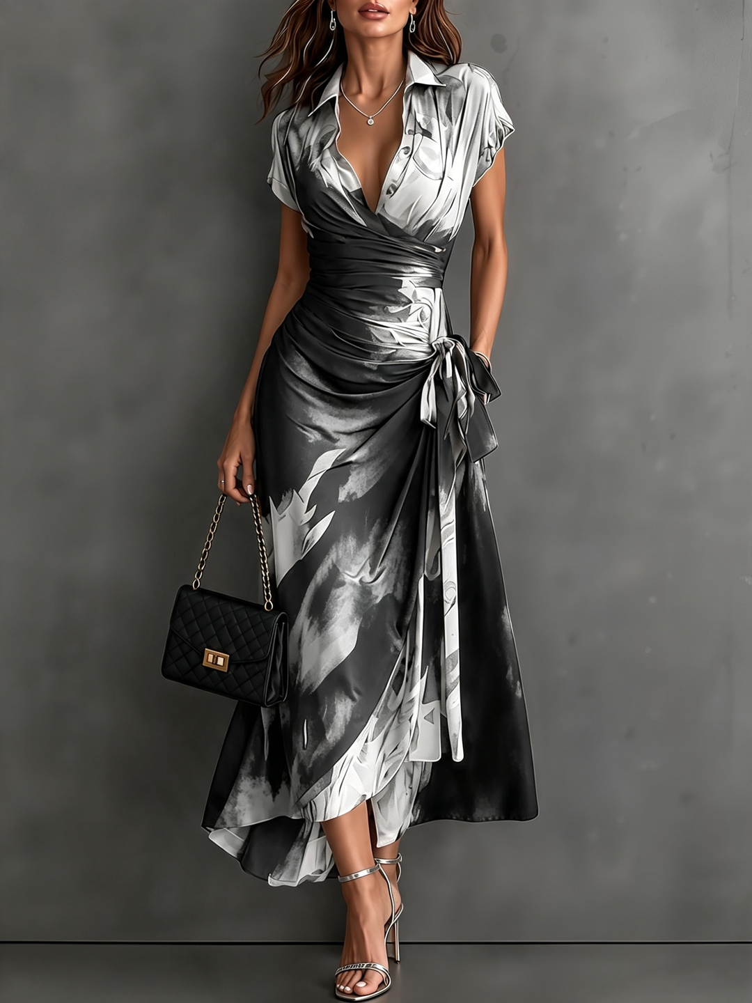 Red and Black Abstract Print Midi Wrap Dress, V-Neck Collar, Short Sleeves, Tie Waist, Asymmetrical Hem with Ruffles