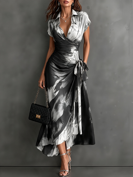 Red and Black Abstract Print Midi Wrap Dress, V-Neck Collar, Short Sleeves, Tie Waist, Asymmetrical Hem with Ruffles