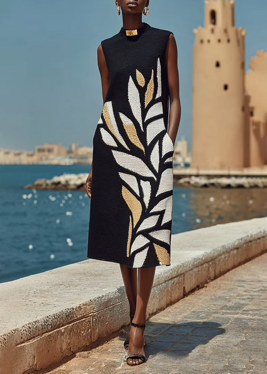 Black Sleeveless Midi Dress with Print