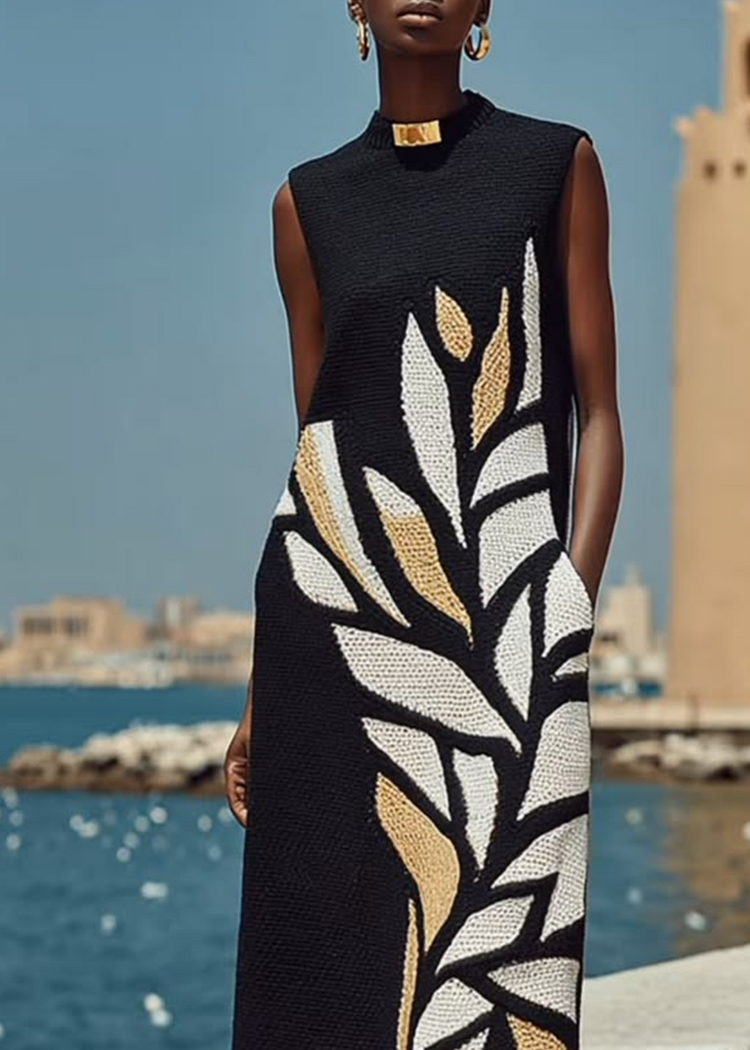 Black Sleeveless Midi Dress with Print