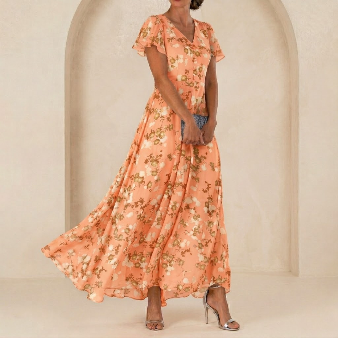 Léonie | Maxi Fluid Dress with Wrap Neckline and Sheer Sleeves