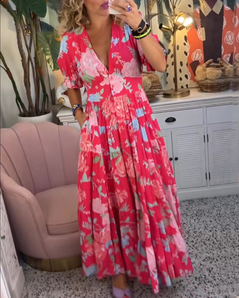 Mirabelle | Maxi Floral Dress with Deep V-Neck and Flared Skirt