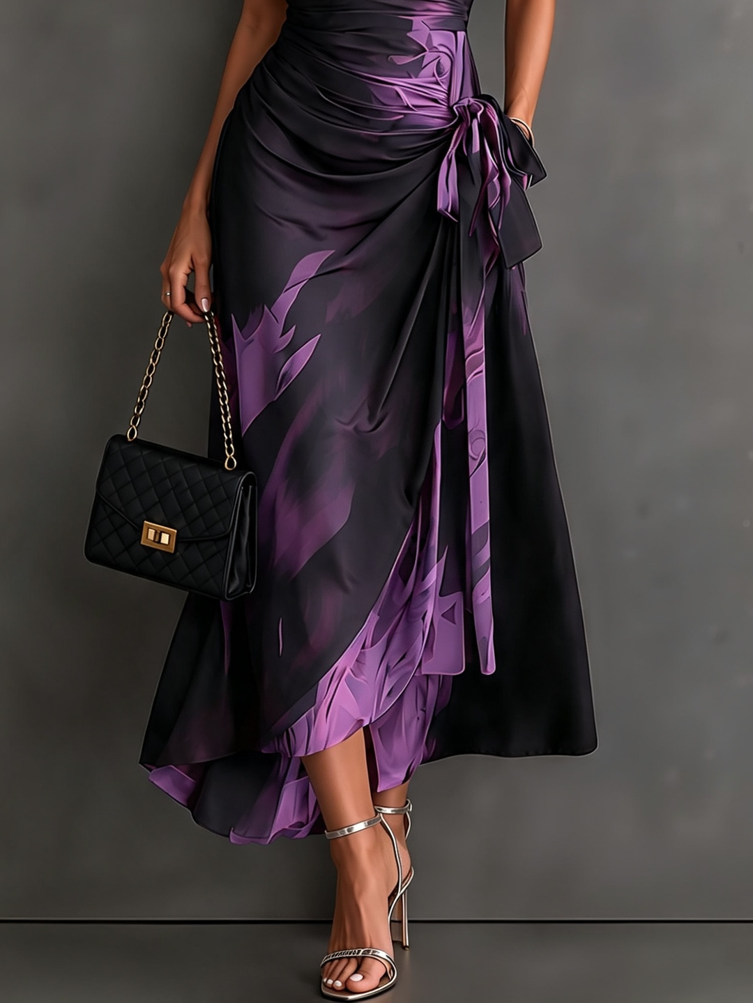 Red and Black Abstract Print Midi Wrap Dress, V-Neck Collar, Short Sleeves, Tie Waist, Asymmetrical Hem with Ruffles