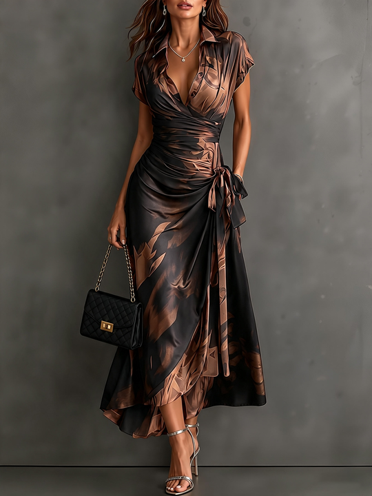 Red and Black Abstract Print Midi Wrap Dress, V-Neck Collar, Short Sleeves, Tie Waist, Asymmetrical Hem with Ruffles