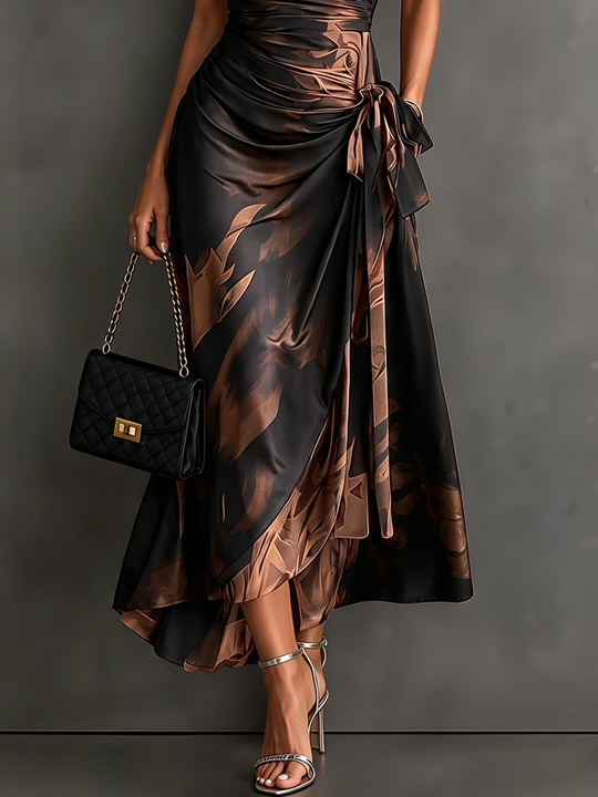Red and Black Abstract Print Midi Wrap Dress, V-Neck Collar, Short Sleeves, Tie Waist, Asymmetrical Hem with Ruffles