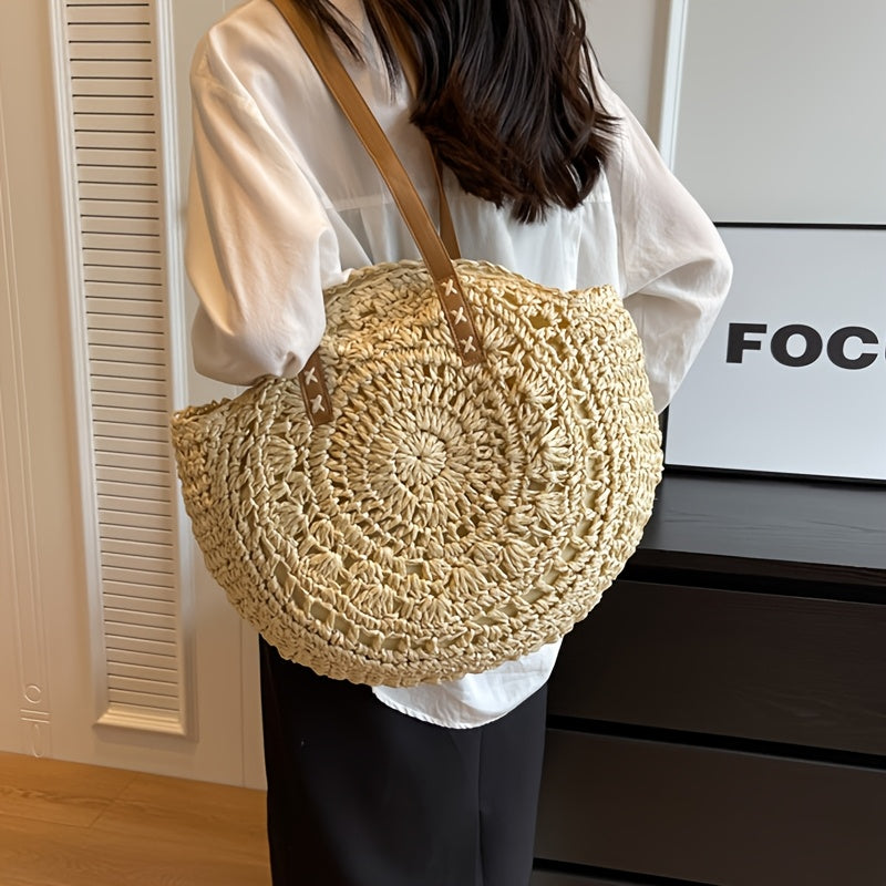 Luigia | Patterned Round Woven Straw Bag - Natural Beige