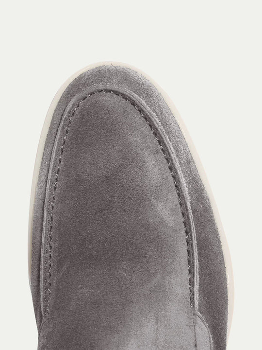 Gray suede yacht loafers, lightweight and laceless for men
