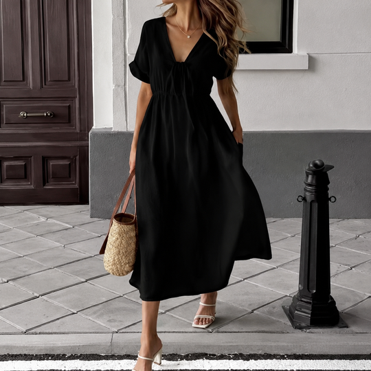 Louise | Long Fluid Dress with Tied V-Neck