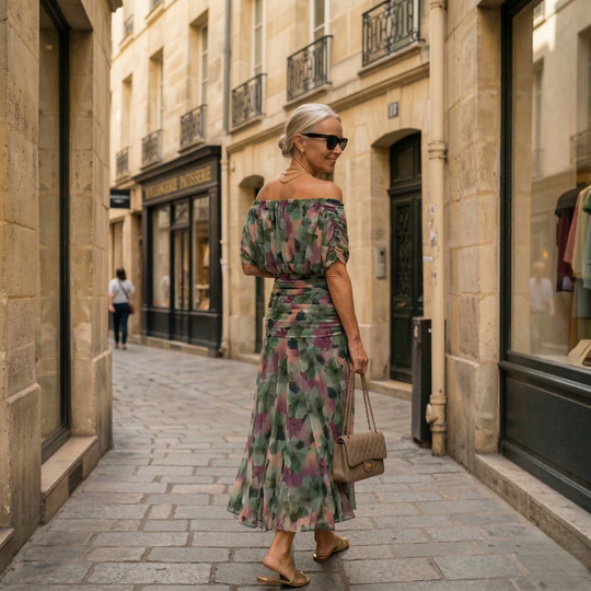 Diane | Draped Maxi Dress with V-Neck and Sheer Sleeves
