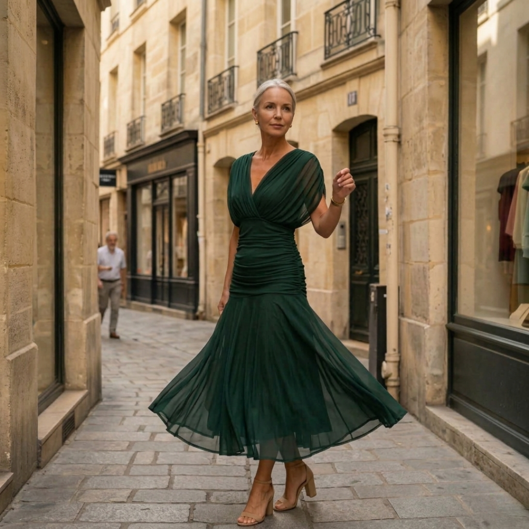Diane | Maxi Draped Dress with V-Neck and Sheer Sleeves
