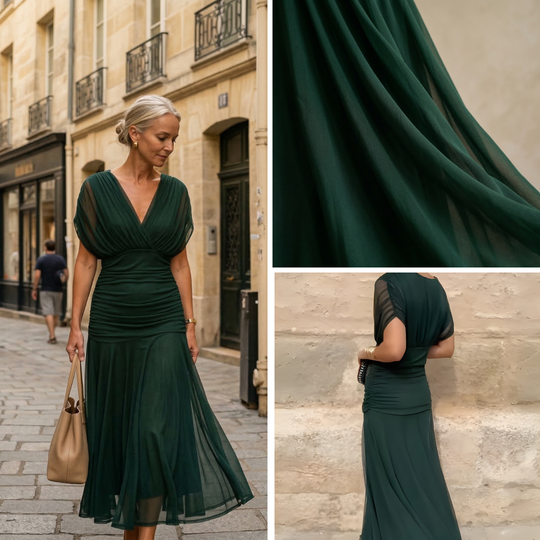 Diane | Draped Maxi Dress with V-Neck and Sheer Sleeves