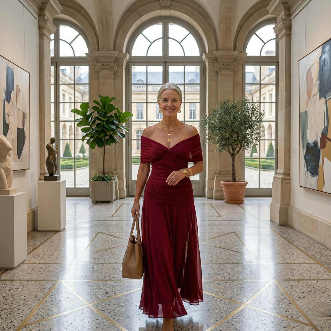 Diane | Maxi Draped Dress with V-Neck and Sheer Sleeves