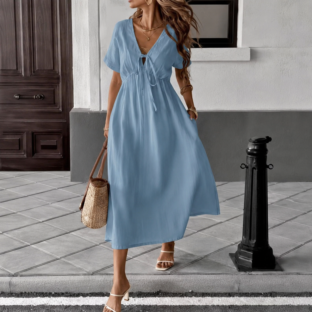 Louise | Long Fluid Dress with Tied V-Neck