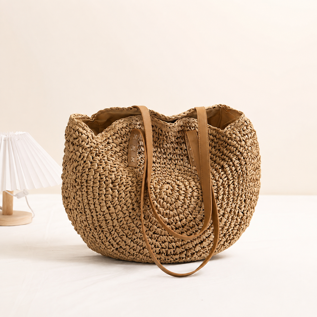 Linda | Round Woven Straw Bag - Hazelnut