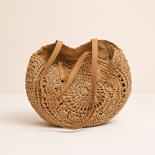 Lola | Patterned Round Woven Straw Bag - Cognac