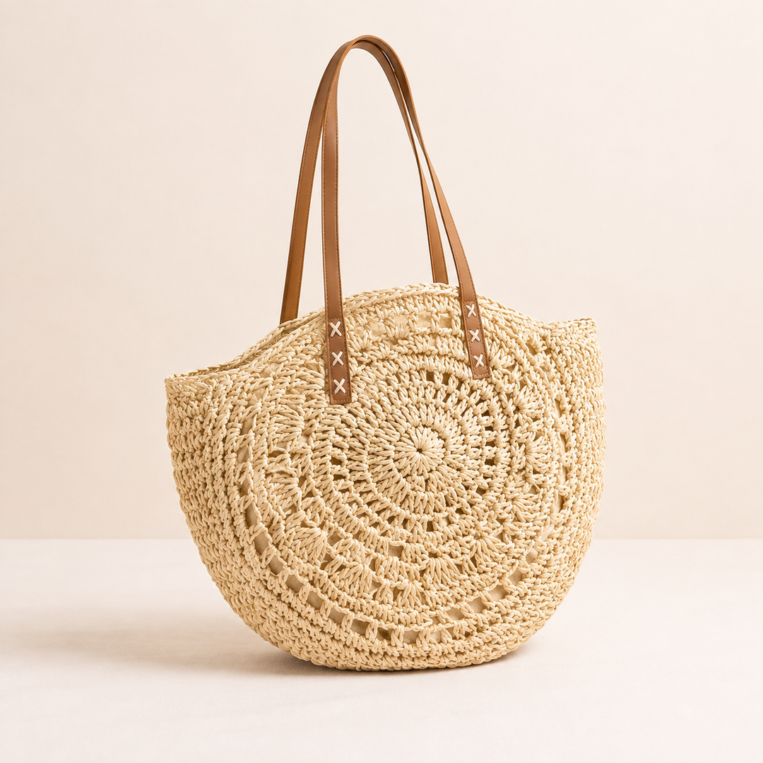 Luigia | Patterned Round Woven Straw Bag - Natural Beige