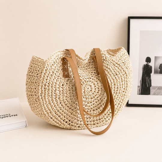 Lisa | Round Woven Straw Bag - Beige