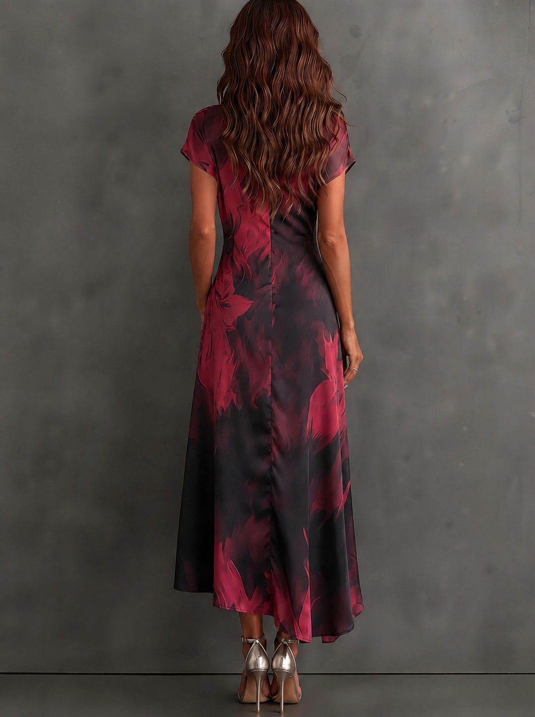 Red and Black Abstract Print Midi Wrap Dress, V-Neck Collar, Short Sleeves, Tie Waist, Asymmetrical Hem with Ruffles
