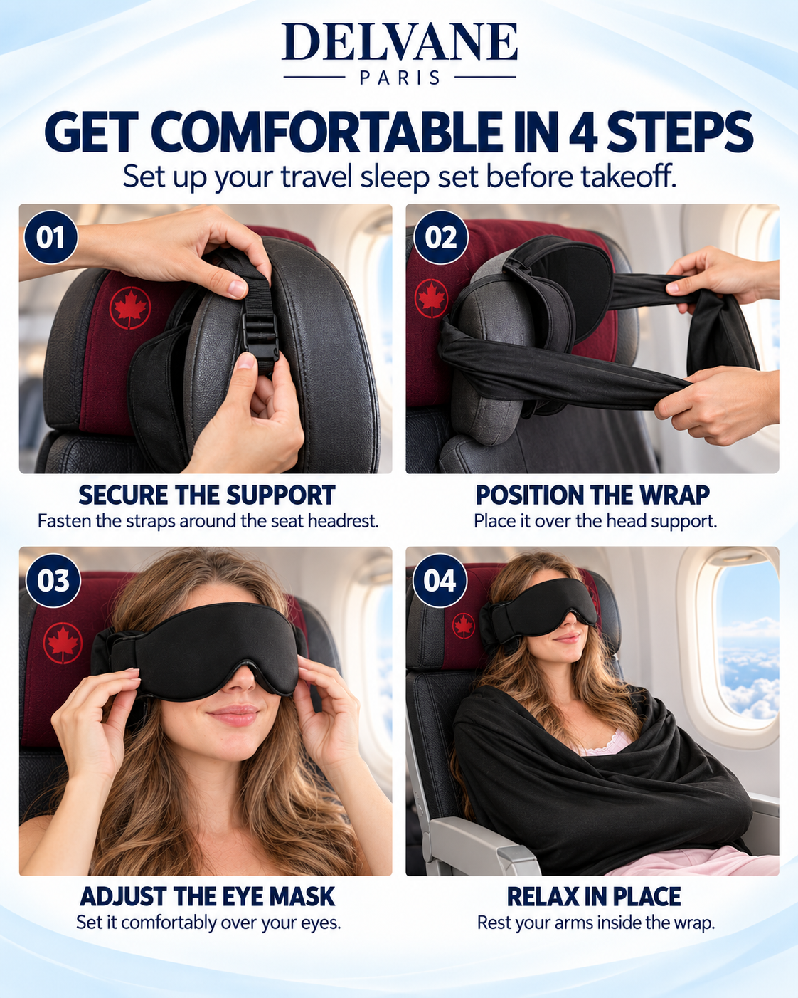 Illustrated steps for wearing the DELVANE PARIS sleep set