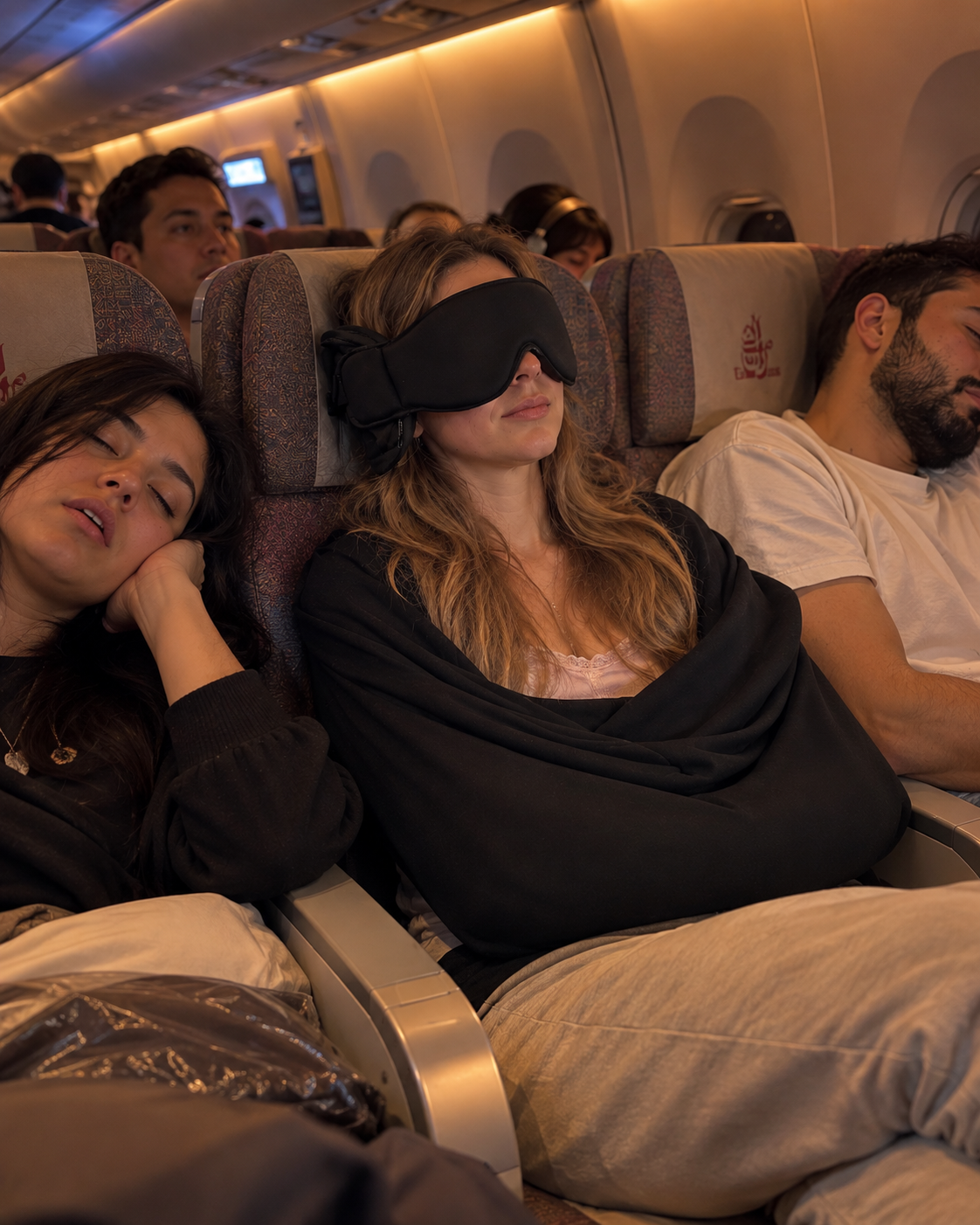 Passenger resting on a night flight