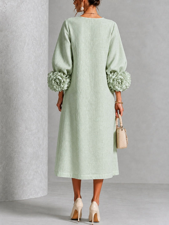 Mistic Sage Midi Dress with Flower Buttons and Extravagant Flower Sleeves